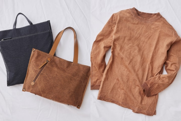 柿渋染めのバッグと服
